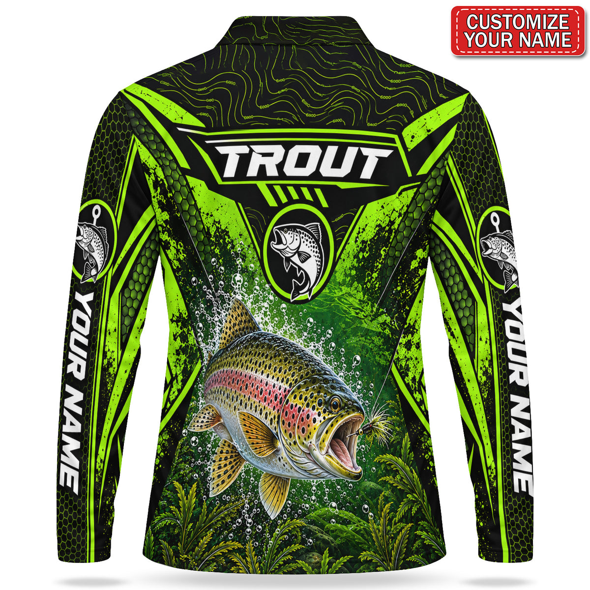 Personalized Neon Green Bass Fishing Men's Long Sleeve Polo