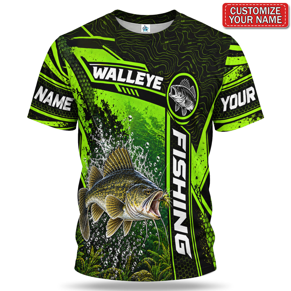 Personalized Neon Green Bass and Lure Fishing T-Shirt