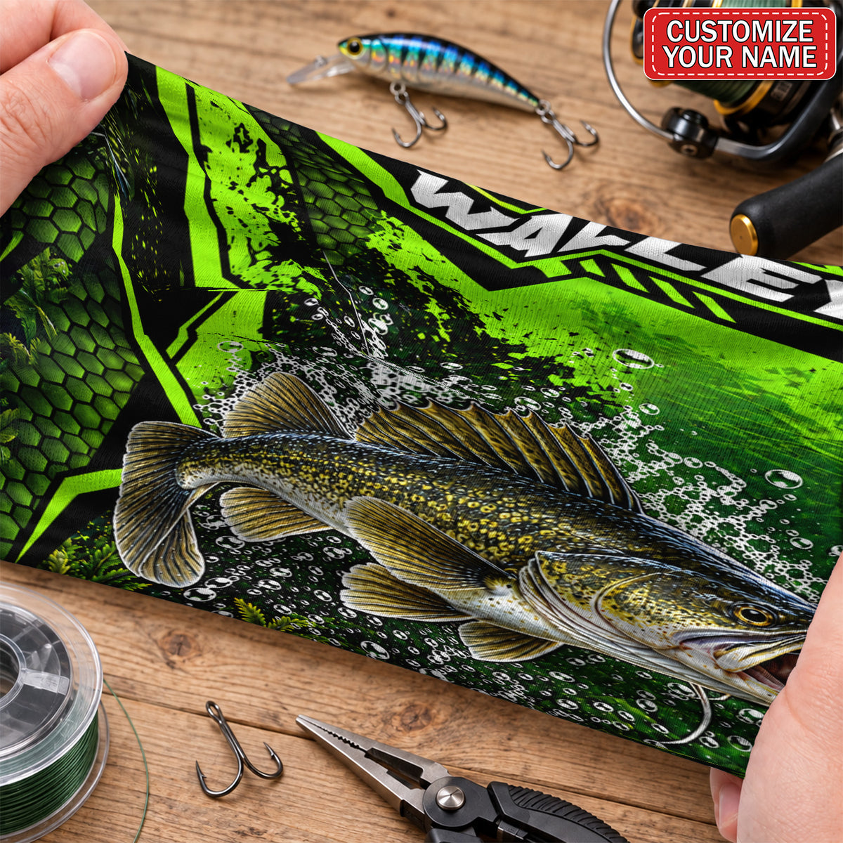 Personalized Bass and Lure Neon Green Fishing Mask