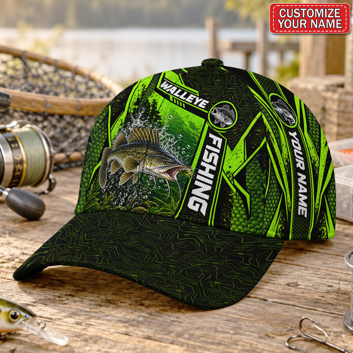 Personalized Neon Green Bass Fishing Baseball Cap