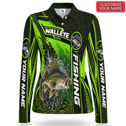 Personalized Neon Green Bass and Lure Fishing Women's Long Sleeve Polo