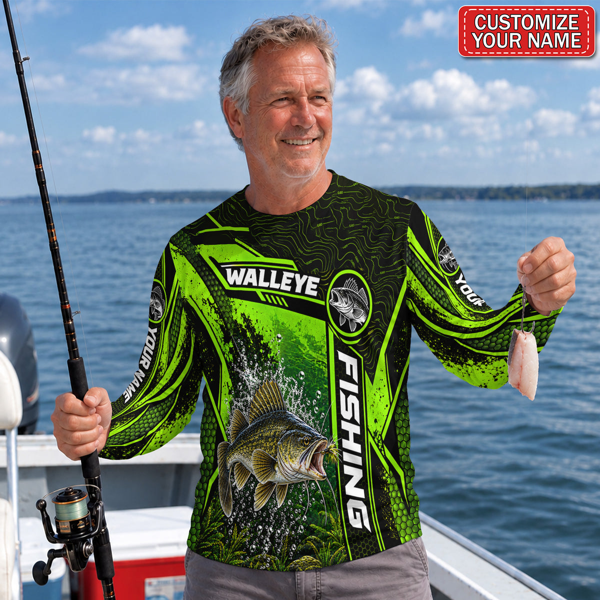 Personalized Neon Green Bass UPF Sun Protection Fishing Long Sleeve Shirt