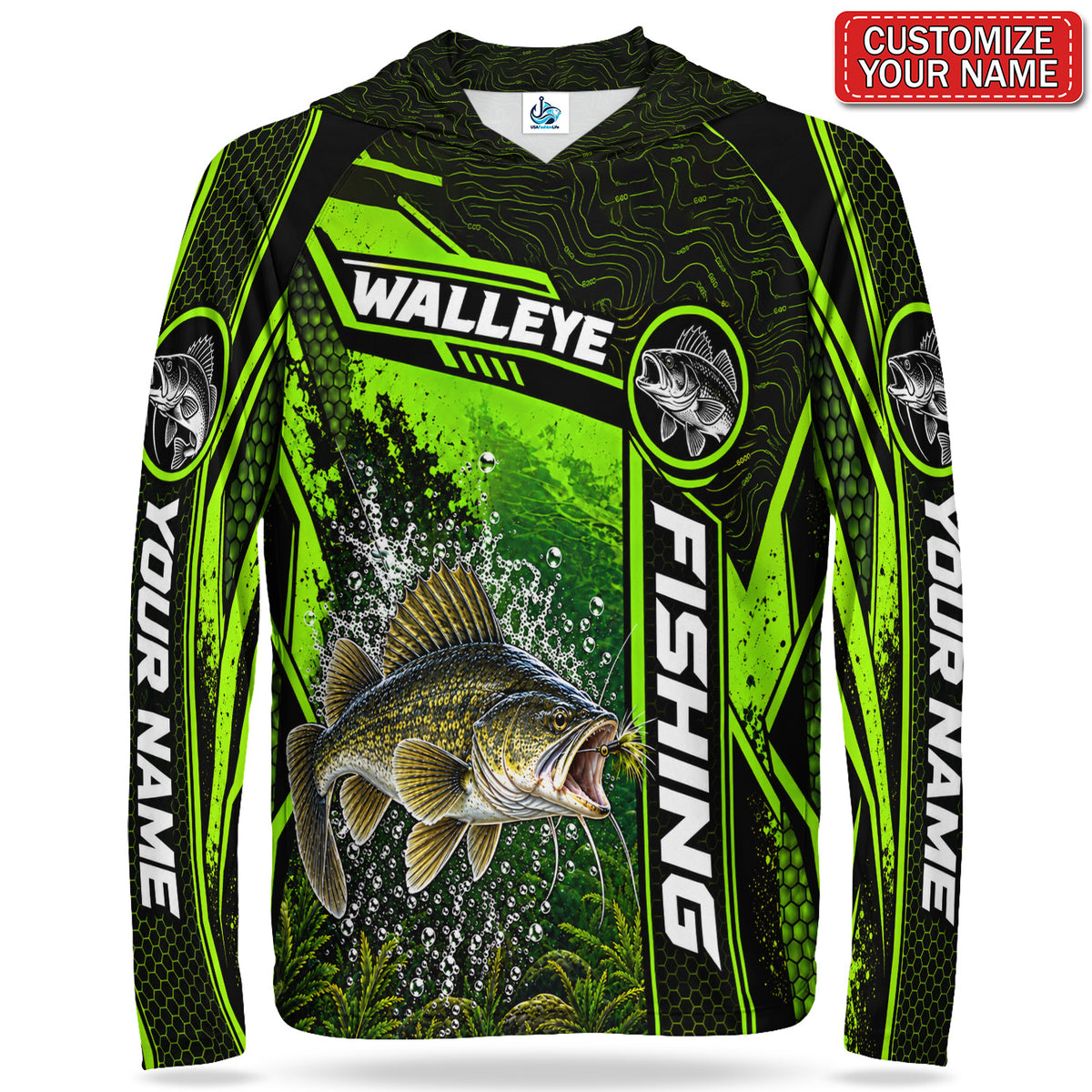 Personalized Neon Green Bass and Lure UPF Sun Protection Fishing Hoodie