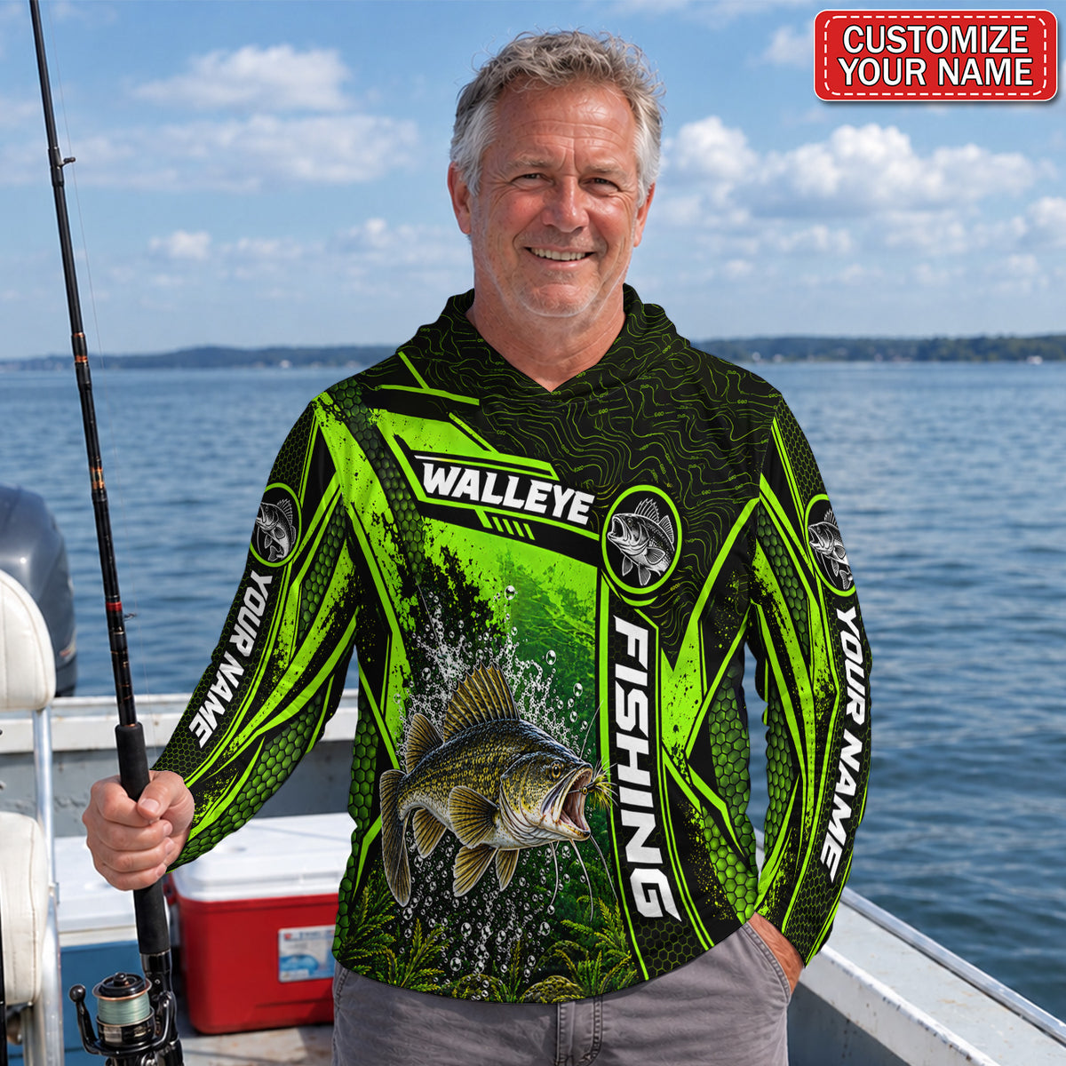 Personalized Neon Green Bass and Lure UPF Sun Protection Fishing Hoodie