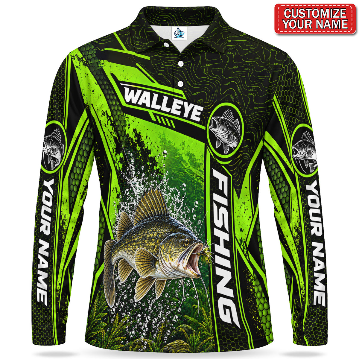 Personalized Neon Green Bass Fishing Men's Long Sleeve Polo