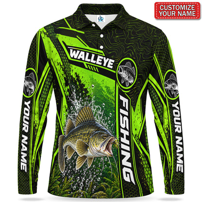 Personalized Neon Green Bass Fishing Men's Long Sleeve Polo