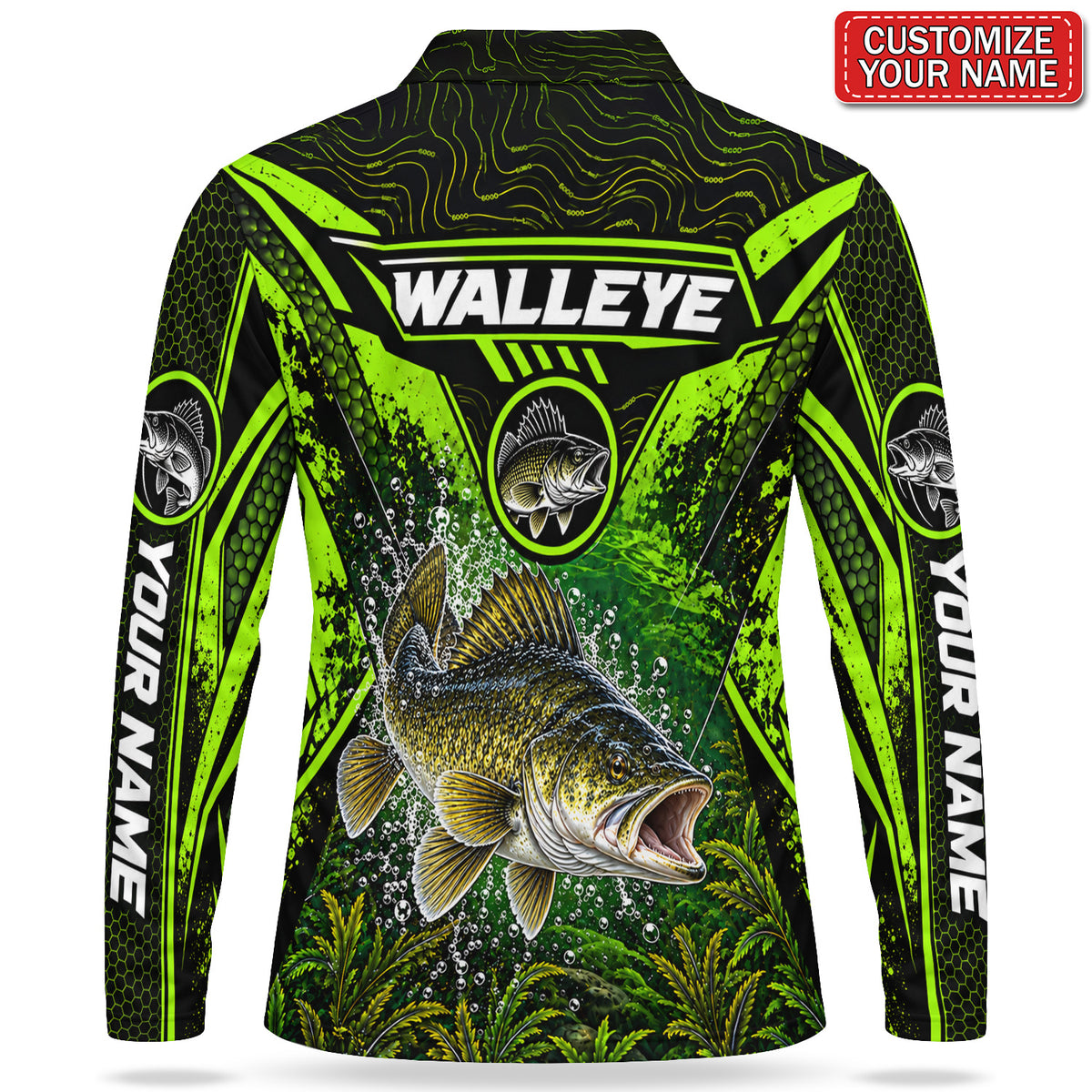 Personalized Neon Green Bass Fishing Men's Long Sleeve Polo
