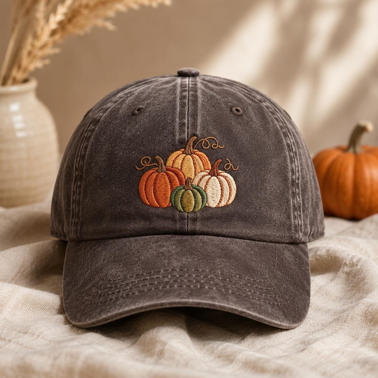 Pumpkin Embroidered Hat, Spooky Season Washed Cotton Cap, Halloween Dad Hat