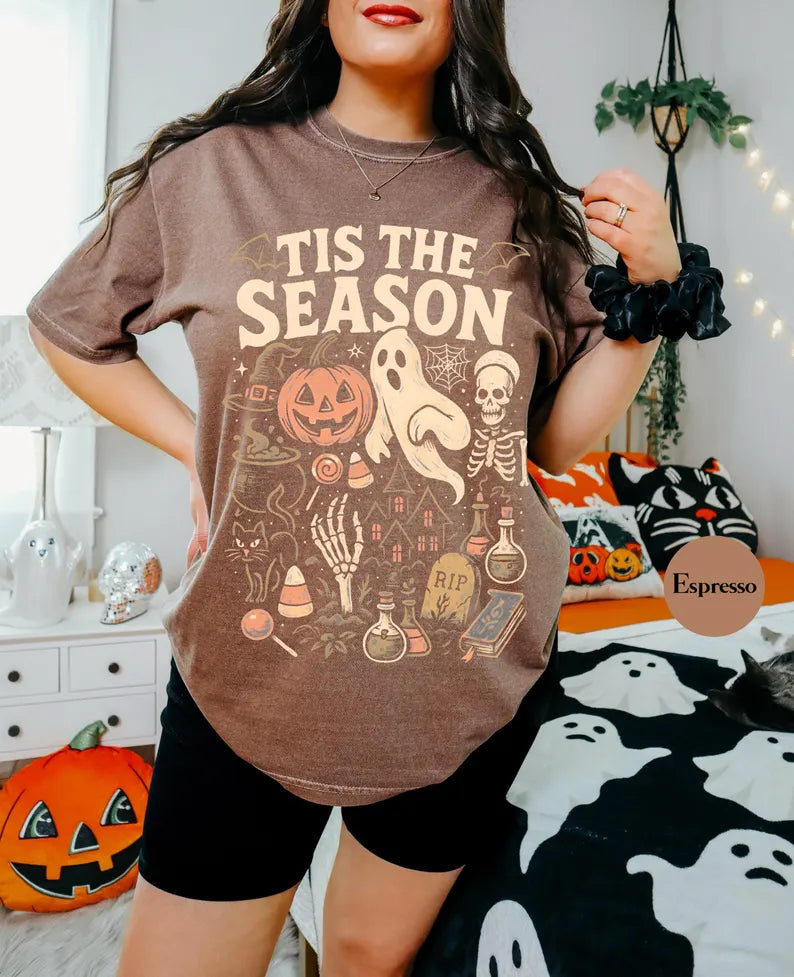 Vintage Halloween Comfort Colors® T Shirt | Retro 'Tis The Season Skeleton Pumpkin