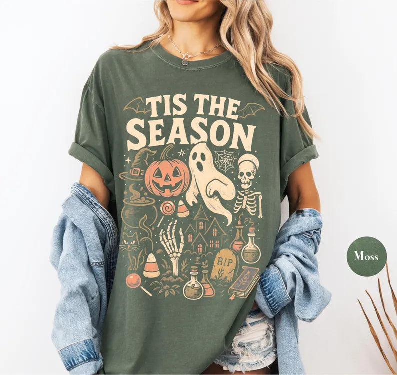 Vintage Halloween Comfort Colors® T Shirt | Retro 'Tis The Season Skeleton Pumpkin