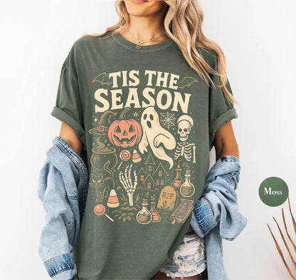 Vintage Halloween Comfort Colors® T Shirt | Retro 'Tis The Season Skeleton Pumpkin