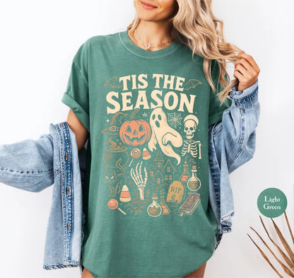 Vintage Halloween Comfort Colors® T Shirt | Retro 'Tis The Season Skeleton Pumpkin