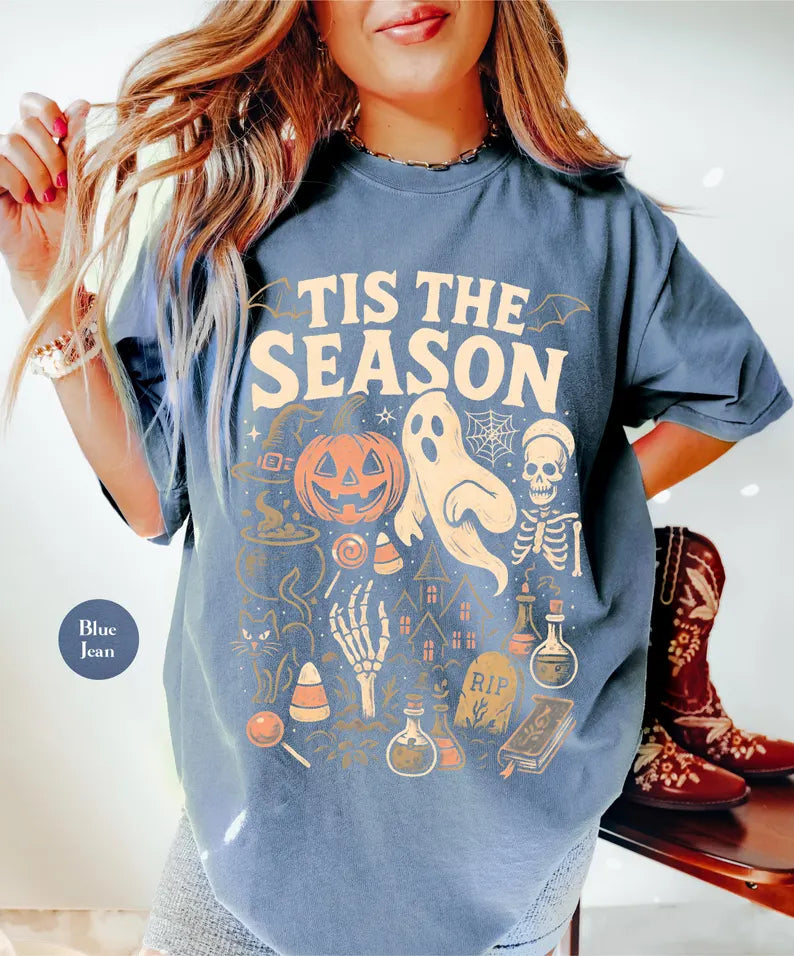 Vintage Halloween Comfort Colors® T Shirt | Retro 'Tis The Season Skeleton Pumpkin