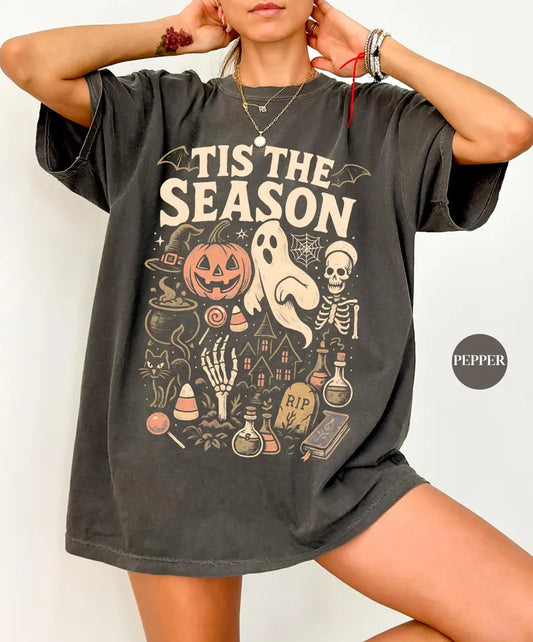 Vintage Halloween Comfort Colors® T Shirt | Retro 'Tis The Season Skeleton Pumpkin