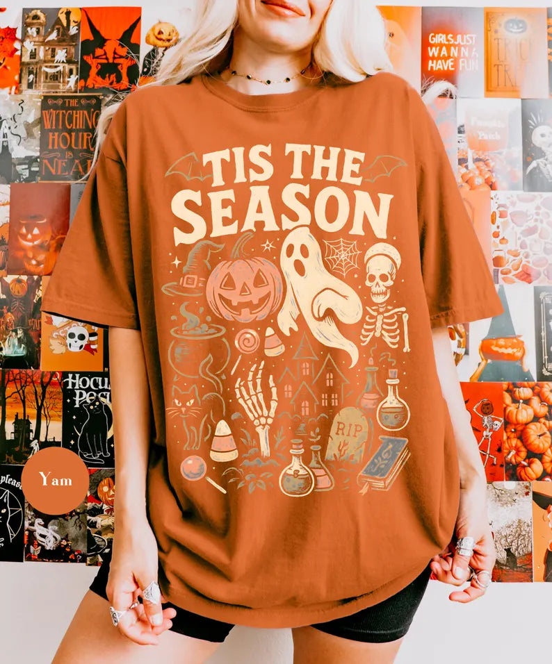 Vintage Halloween Comfort Colors® T Shirt | Retro 'Tis The Season Skeleton Pumpkin