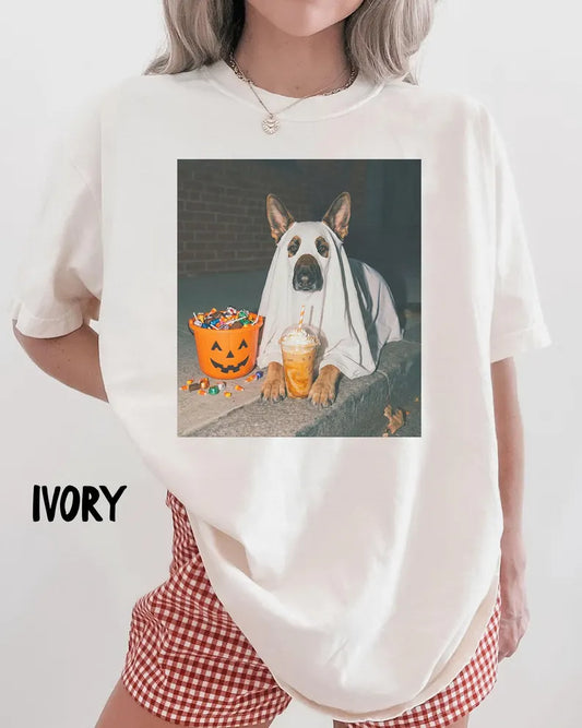 German Shepherd Dog Halloween Comfort Colors Shirt, Iced Coffee Dog Mom T-shirt