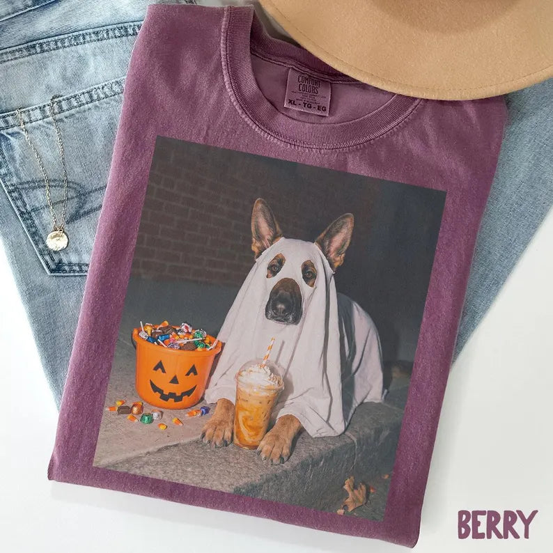 German Shepherd Dog Halloween Comfort Colors Shirt, Iced Coffee Dog Mom T-shirt