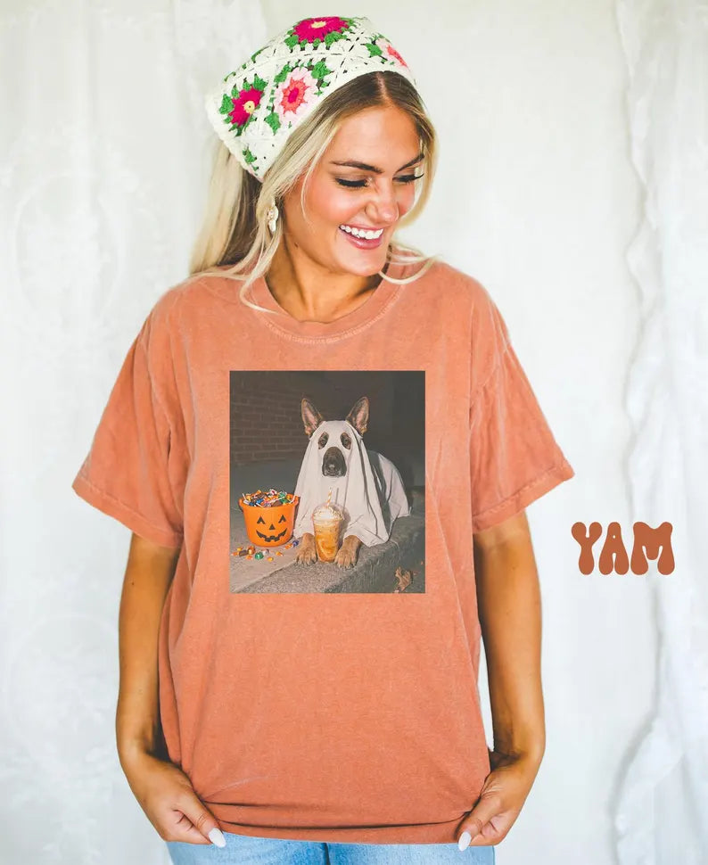 German Shepherd Dog Halloween Comfort Colors Shirt, Iced Coffee Dog Mom T-shirt