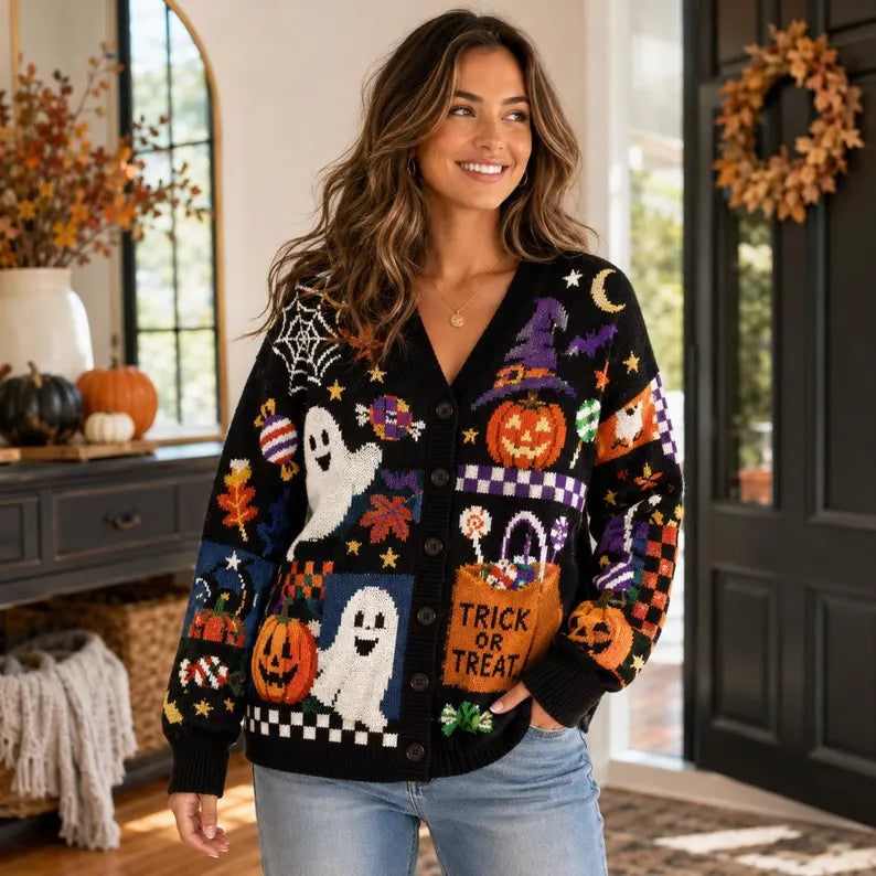 Trick Or Treat Halloween Cardigan, Pumpkin Knit Cardigan, Retro Pumpkin Cardigan, Fall Holiday Sweatshirt