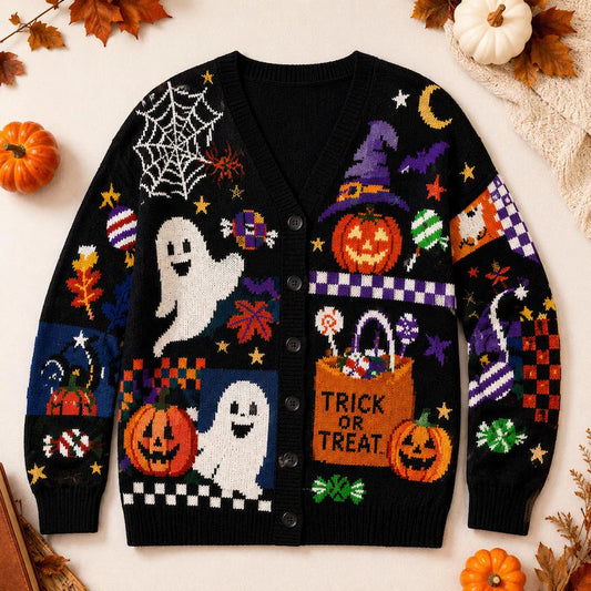Trick Or Treat Halloween Cardigan, Pumpkin Knit Cardigan, Retro Pumpkin Cardigan, Fall Holiday Sweatshirt