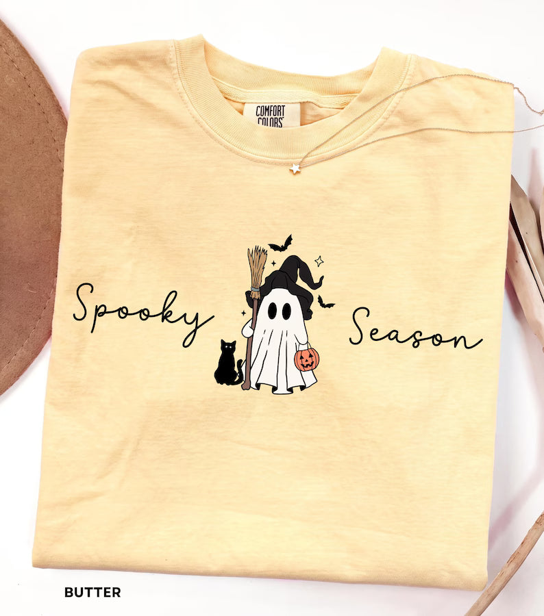 Spooky Season Shirt for Women • Cute Ghost Halloween Comfort Colors® Tee with Black Cat
