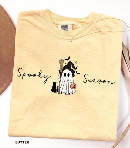 Spooky Season Shirt for Women • Cute Ghost Halloween Comfort Colors® Tee with Black Cat