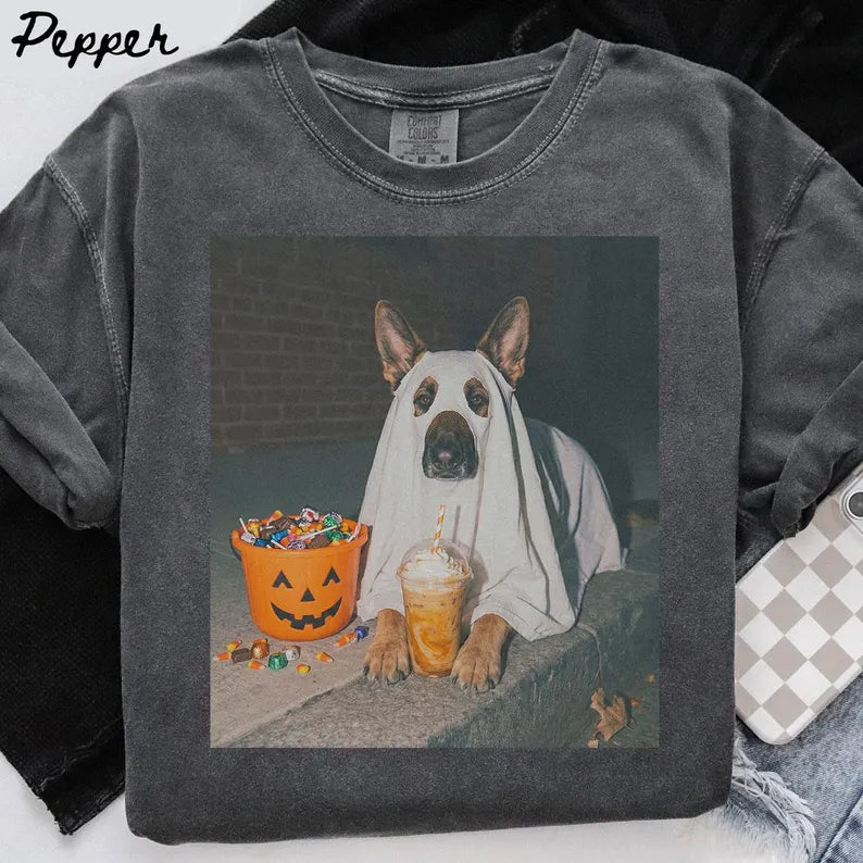 German Shepherd Dog Halloween Comfort Colors Shirt, Iced Coffee Dog Mom T-shirt
