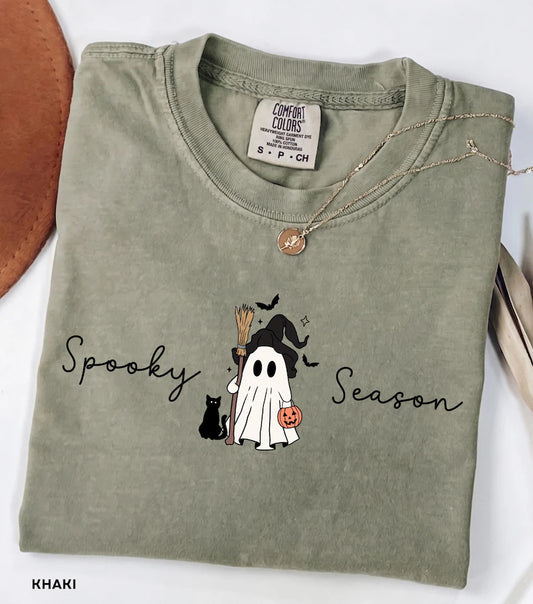 Spooky Season Shirt for Women • Cute Ghost Halloween Comfort Colors® Tee with Black Cat