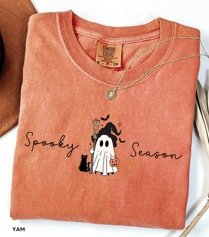 Spooky Season Shirt for Women • Cute Ghost Halloween Comfort Colors® Tee with Black Cat