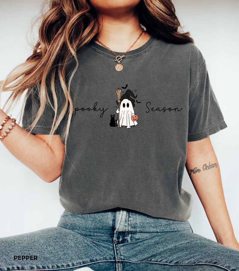 Spooky Season Shirt for Women • Cute Ghost Halloween Comfort Colors® Tee with Black Cat