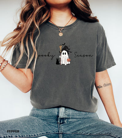 Spooky Season Shirt for Women • Cute Ghost Halloween Comfort Colors® Tee with Black Cat