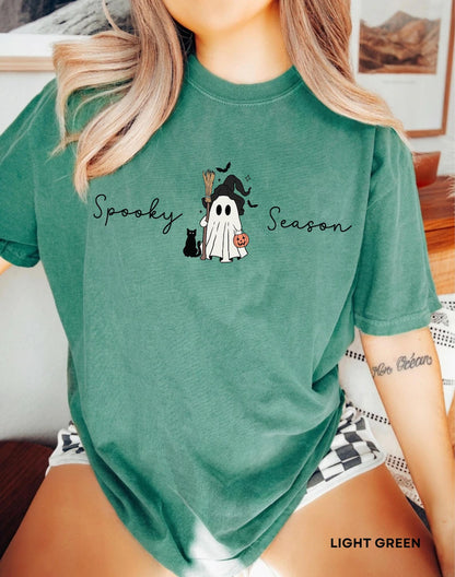 Spooky Season Shirt for Women • Cute Ghost Halloween Comfort Colors® Tee with Black Cat