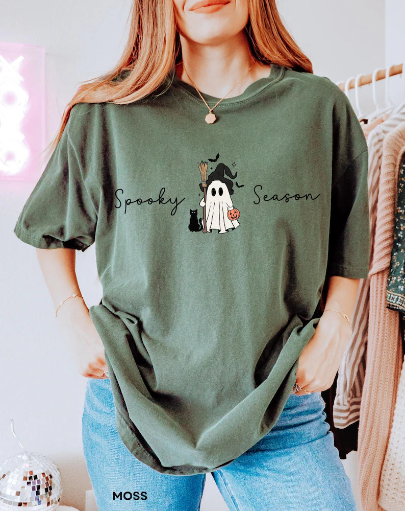 Spooky Season Shirt for Women • Cute Ghost Halloween Comfort Colors® Tee with Black Cat