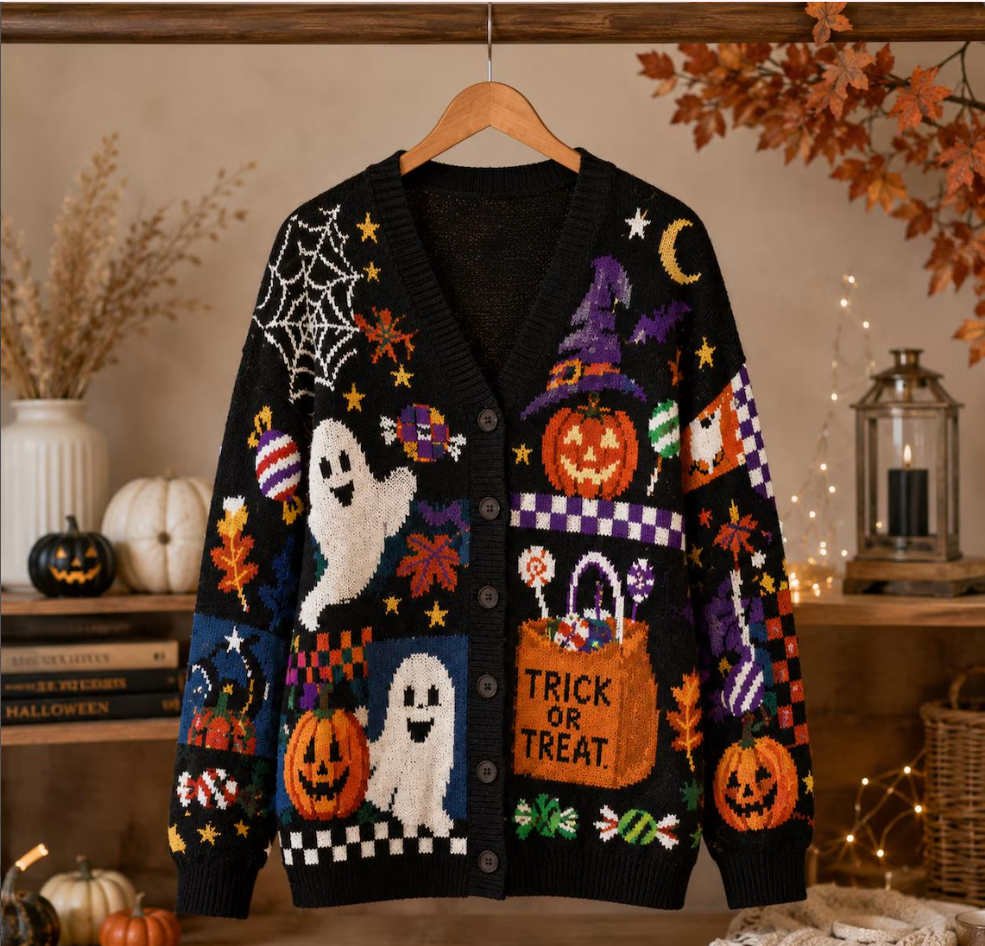 Trick Or Treat Halloween Cardigan, Pumpkin Knit Cardigan, Retro Pumpkin Cardigan, Fall Holiday Sweatshirt
