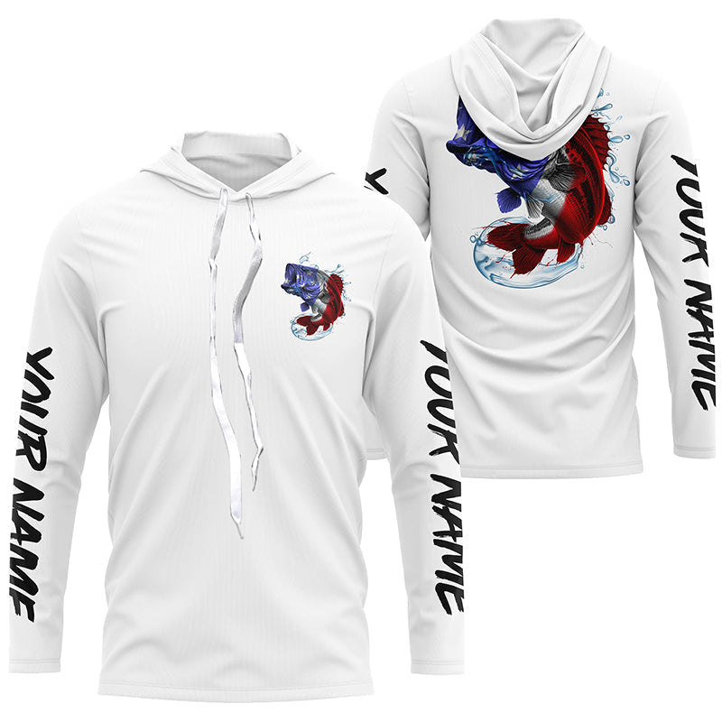 Bass Fishing American Flag Custom Long Sleeve Performance Shirts, Patriotic Bass Fishing Jerseys IPHW6398