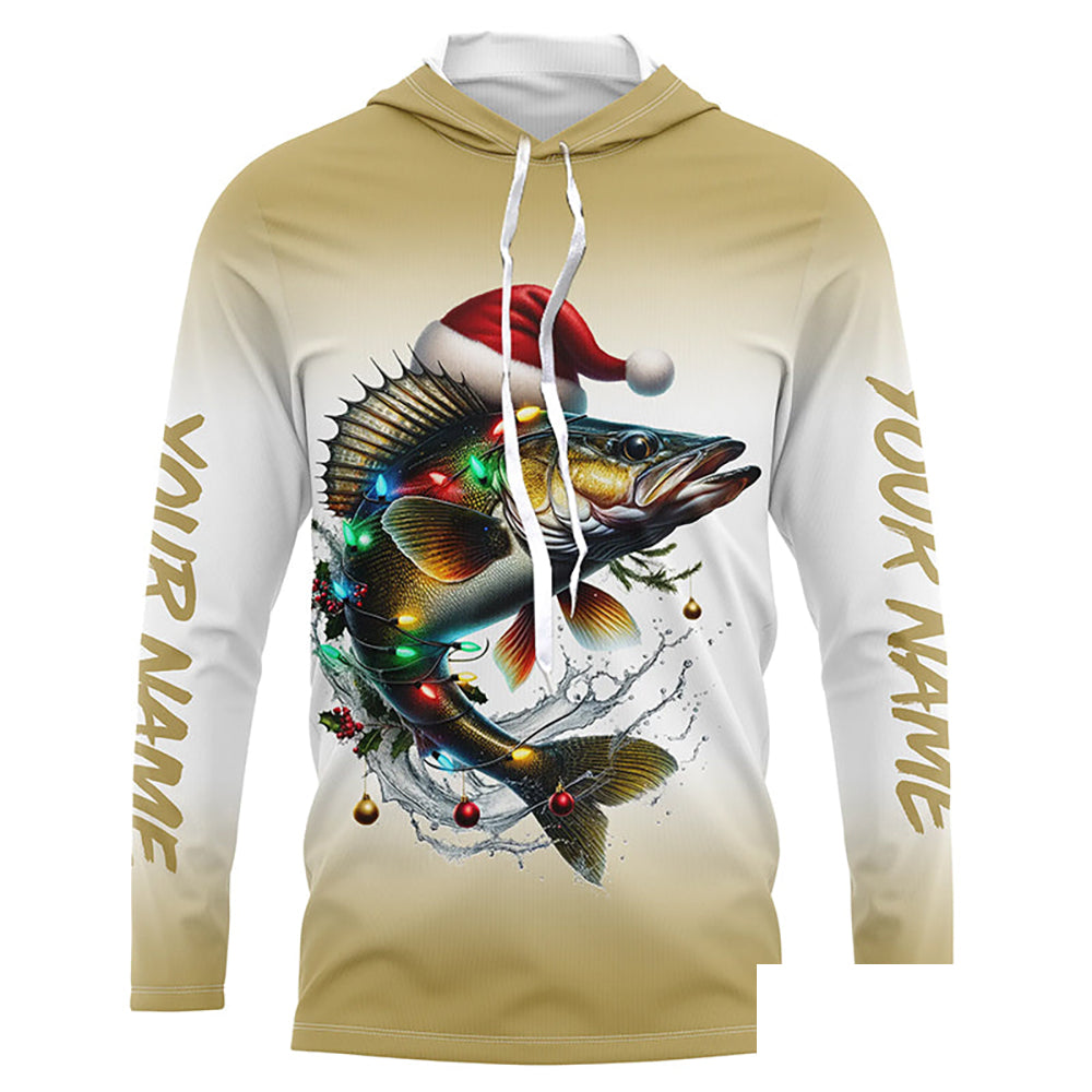 Christmas Lights String Walleye Christmas Fishing Shirts With Customized Name, Xmas Fishing Gifts IPHW5585
