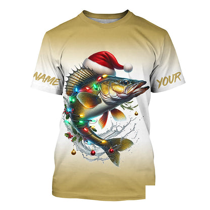Christmas Lights String Walleye Christmas Fishing Shirts With Customized Name, Xmas Fishing Gifts IPHW5585