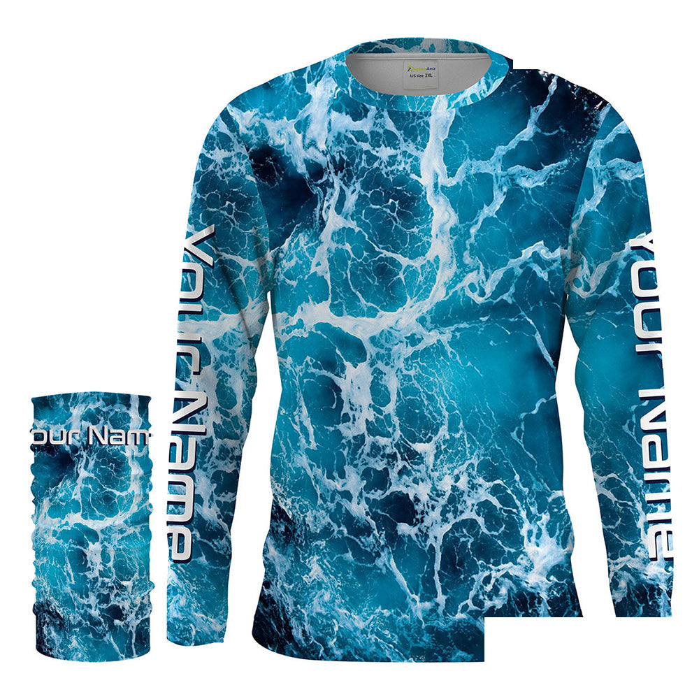 Custom Saltwater Long sleeve Fishing Shirts UV Protection, Sea wave camo Fishing Shirts - IPHW1329