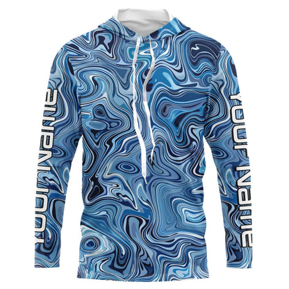 Turquoise Blue Camo Custom Long Sleeve Performance Fishing Shirts, Blue Camouflage Fishing Jerseys IPHW5974