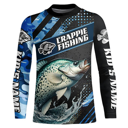 Personalized Blue Camo Crappie Fishing Jerseys, Crappie Long Sleeve Tournament Fishing Shirts IPHW6331