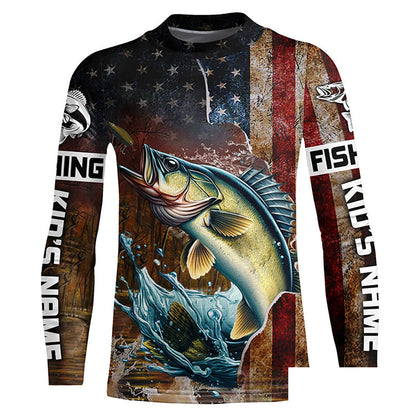 Custom Walleye Long Sleeve Fishing Shirts For Men, Patriotic Amerian Flag Walleye Fishing Shirt IPHW6891