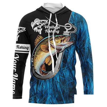 Fish Hook Walleye Fishing Custom Long Sleeve Tournament Fishing Shirts Fishing Jerseys | Blue Camo IPHW5736