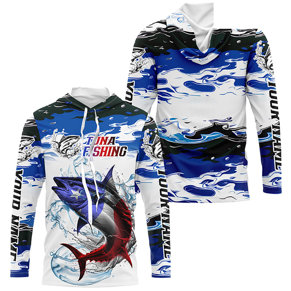 Custom Patriotic Tuna Fishing Camo Jerseys, American Flag Tuna Long Sleeve Saltwater Fishing Shirts IPHW6052