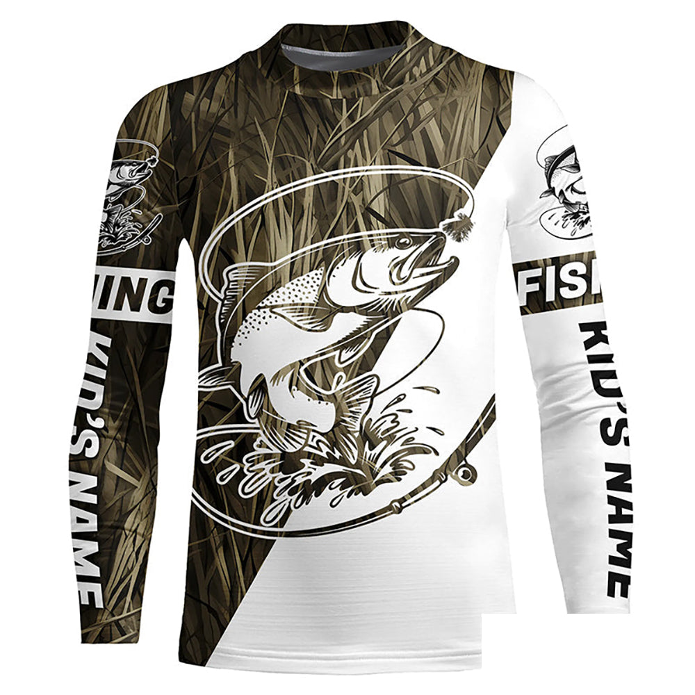 Trout Fishing Grass Camo Custom Long Sleeve Tournament Fishing Shirts, Trout Fly Fishing Shirt IPHW7439