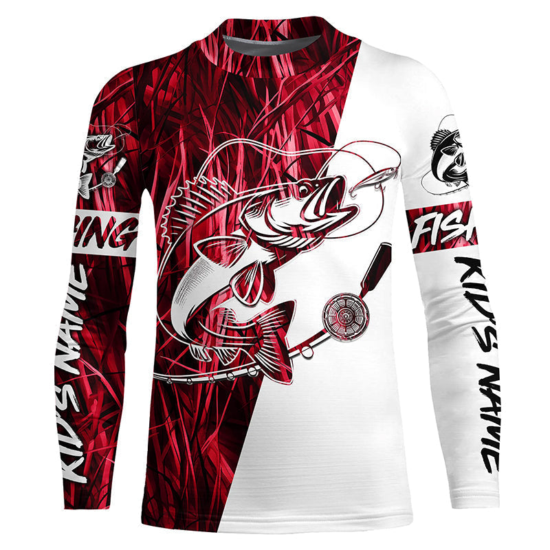 Walleye Fishing Red Camo Custom Long Sleeve Fishing Shirts, Walleye Tournament Fishing Jerseys IPHW6062
