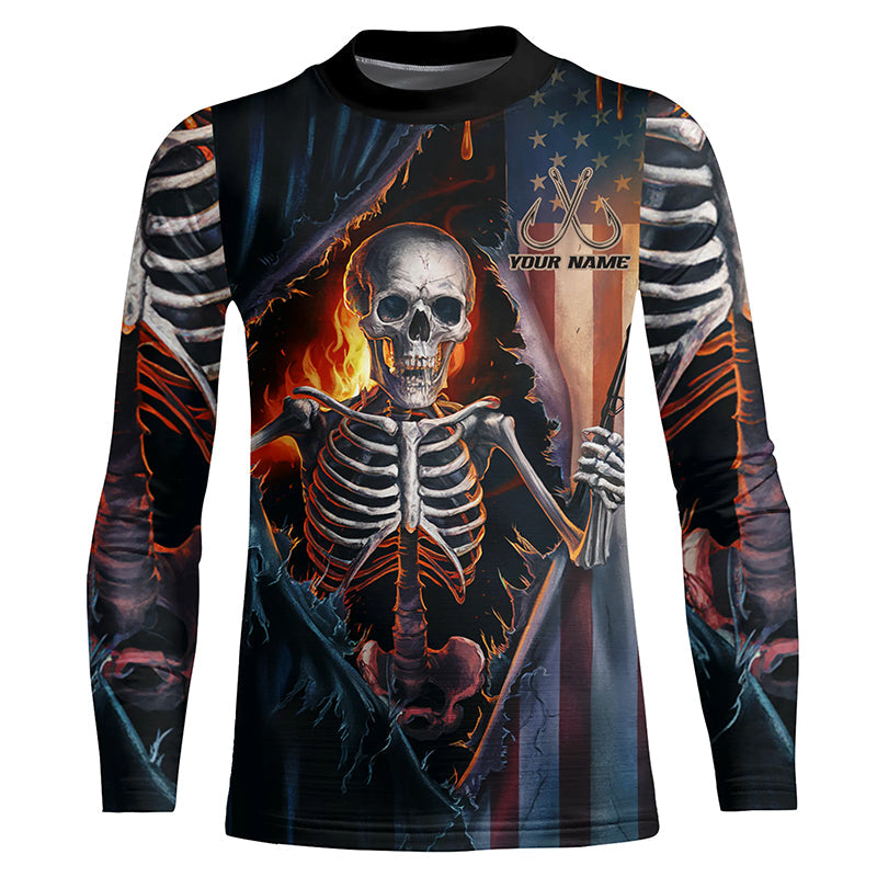 Custom American Flag Skull Long Sleeve Uv Protection Fishing Shirts, Patriotic Fishing Shirts IPHW6815