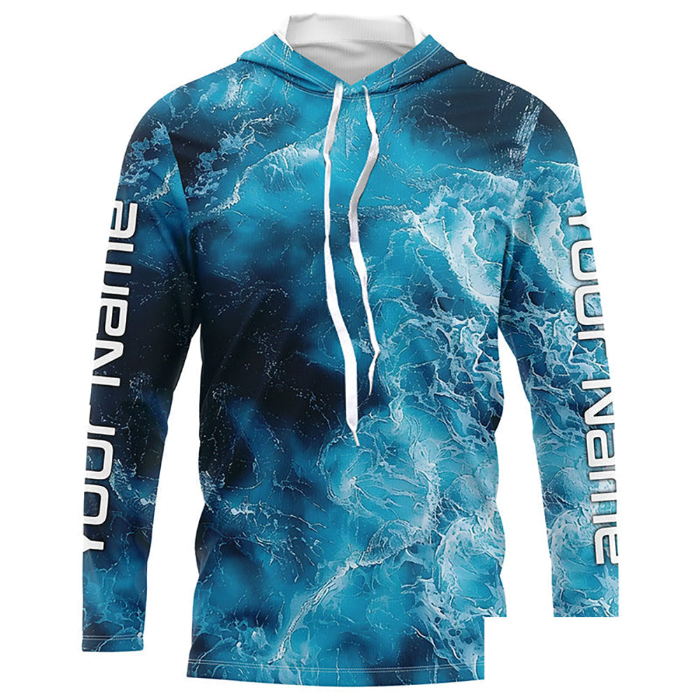 Blue Sea Waves Ocean Camo Long Sleeve Uv Protection Fishing Shirts, Personalized Fishing Jersey IPHW7192