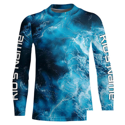Blue Sea Waves Ocean Camo Long Sleeve Uv Protection Fishing Shirts, Personalized Fishing Jersey IPHW7192