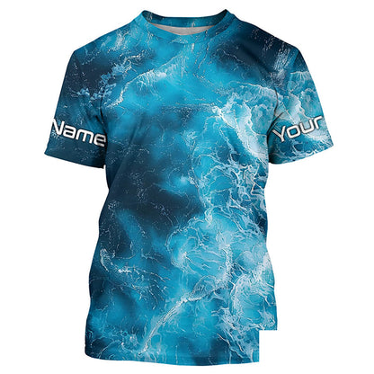 Blue Sea Waves Ocean Camo Long Sleeve Uv Protection Fishing Shirts, Personalized Fishing Jersey IPHW7192