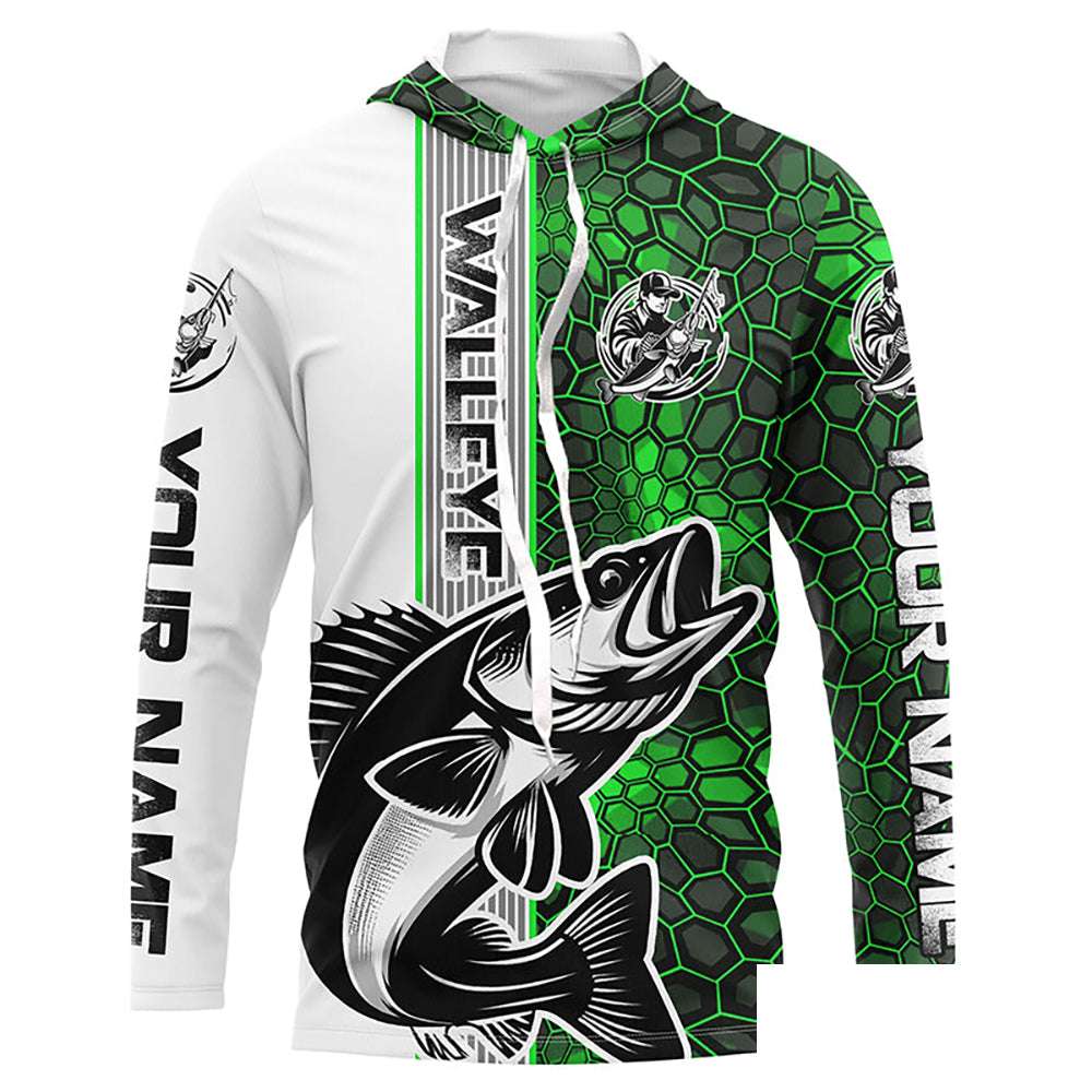 Walleye Fishing Custom Grunge Long Sleeve Tournament Shirts, Walleye Fishing Jerseys | Green Camo IPHW6637